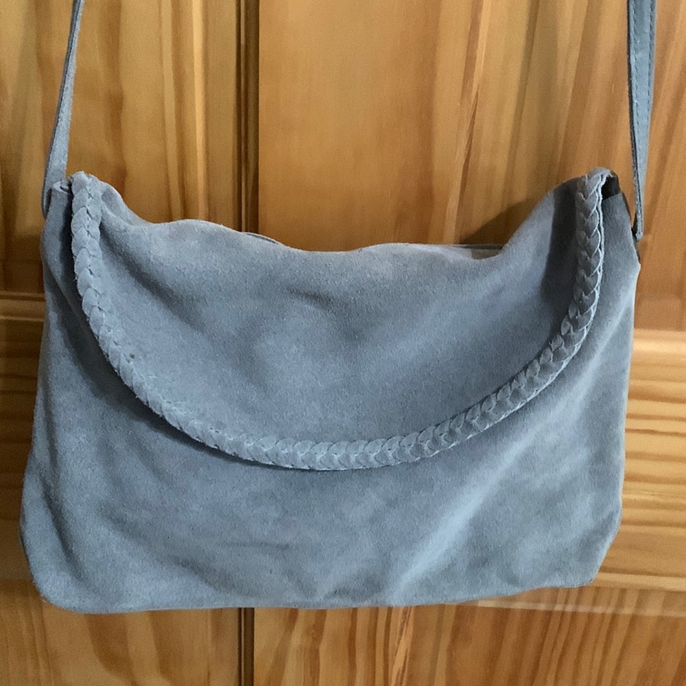 New Retro Inspired Gray Suede Purse. Adjustable strap. Outside pocket.